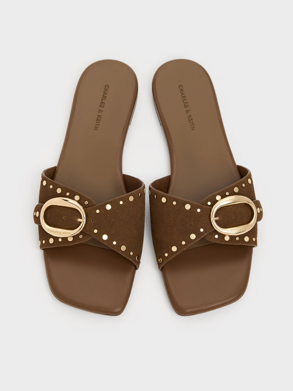 CHARLES & KEITH Best Seller / Studded Buckled Slide Sandals - Brown