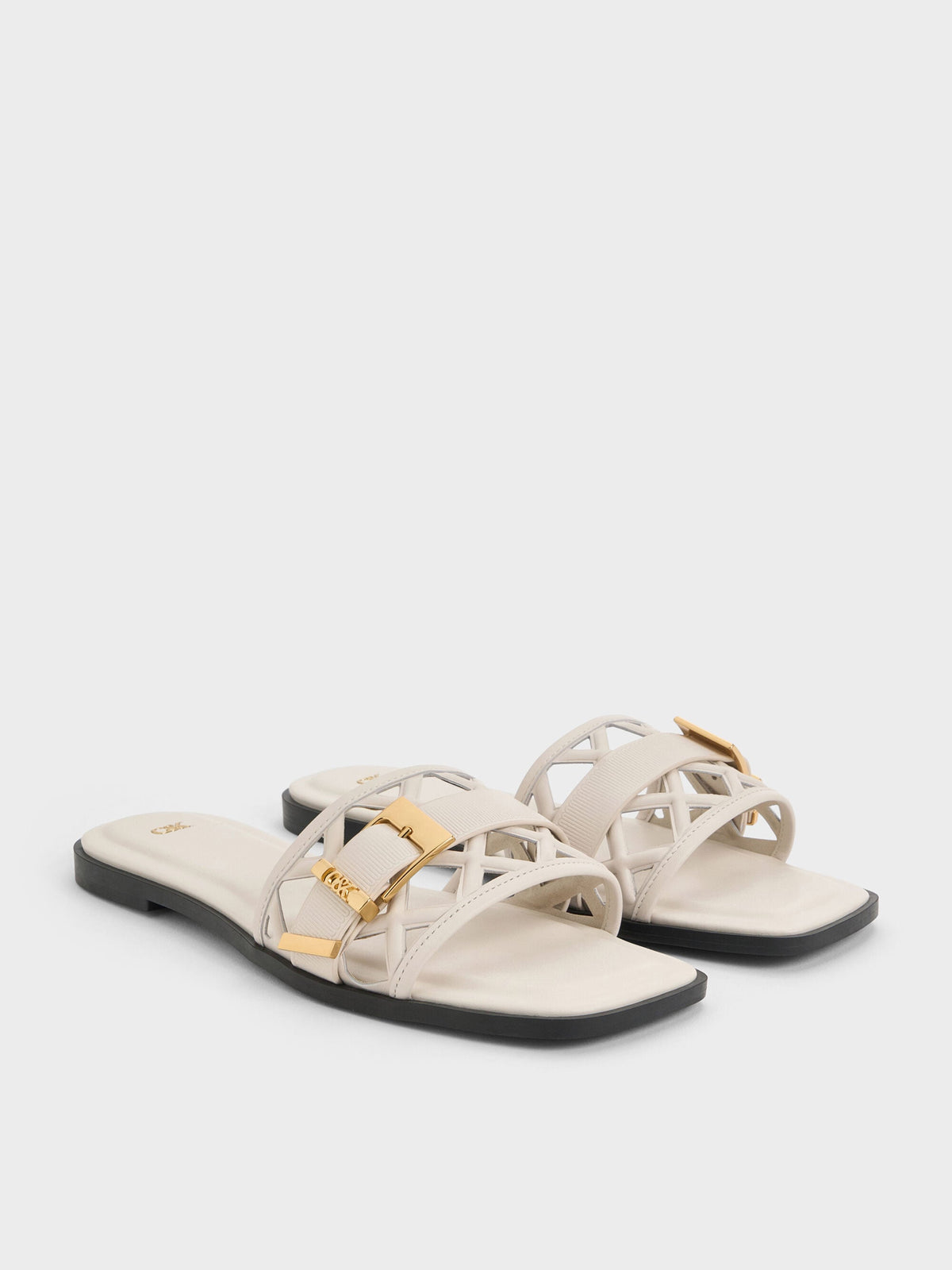 CHARLES & KEITH Customer Favorite / Whitney Leather Cut-Out Slide Sandals - Chalk
