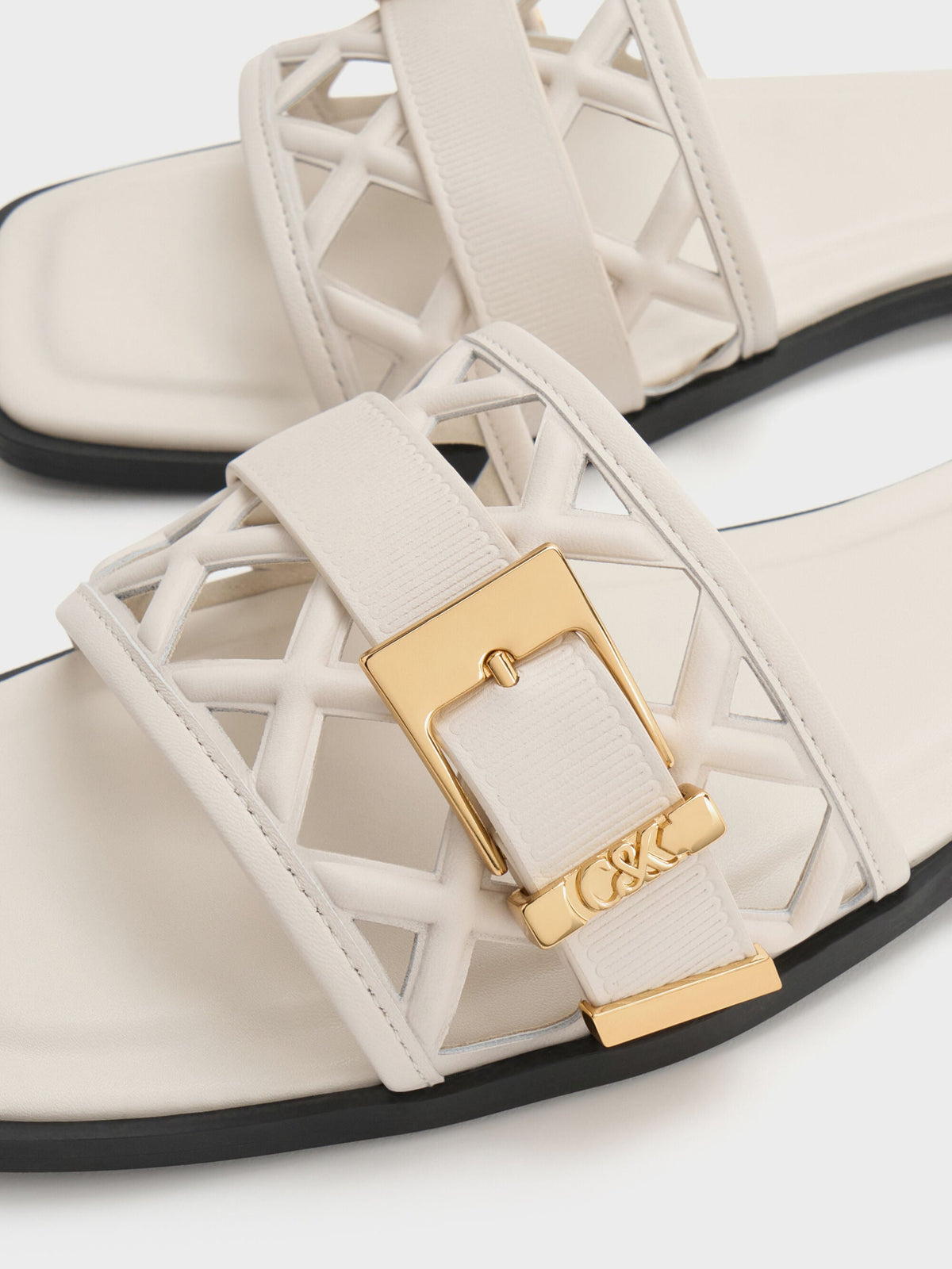 CHARLES & KEITH Customer Favorite / Whitney Leather Cut-Out Slide Sandals - Chalk