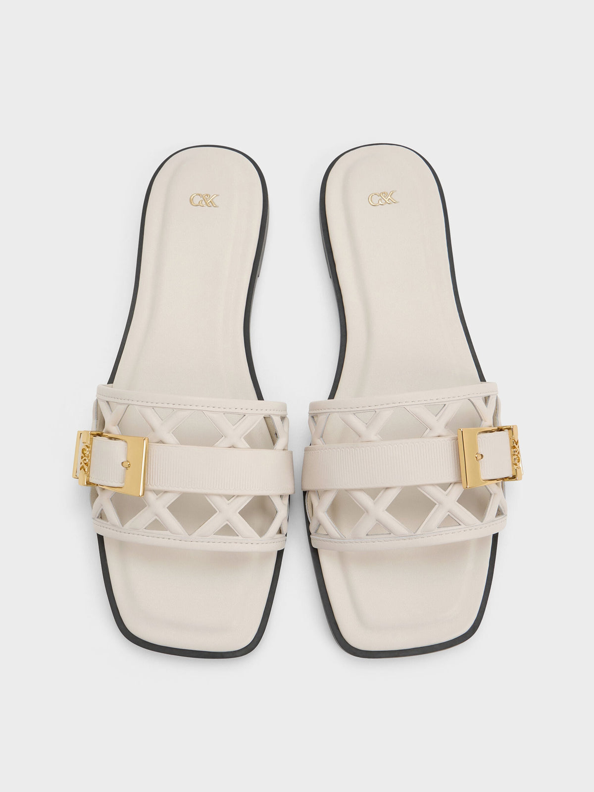 CHARLES & KEITH Customer Favorite / Whitney Leather Cut-Out Slide Sandals - Chalk