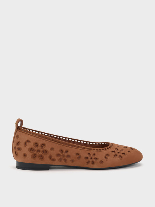 CHARLES & KEITH Premium / Leather Embroidered Ballet Flats - Cognac