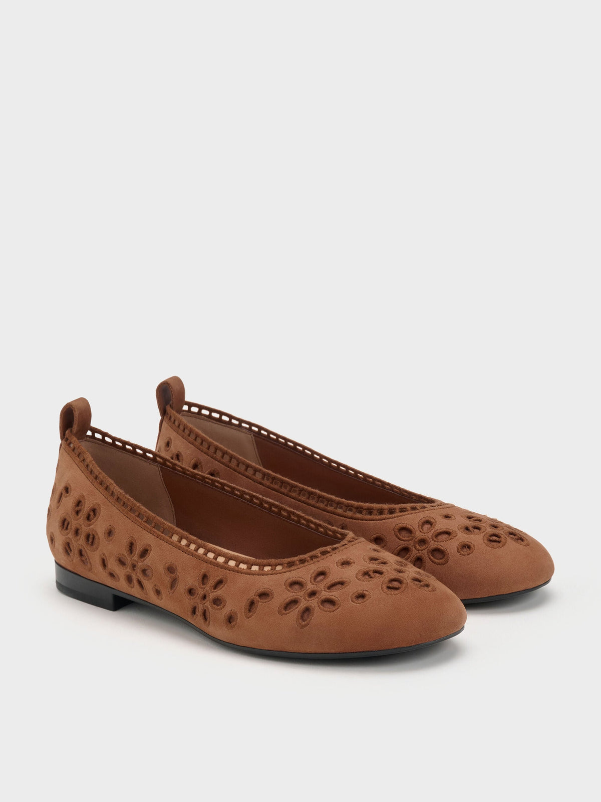 CHARLES & KEITH Premium / Leather Embroidered Ballet Flats - Cognac