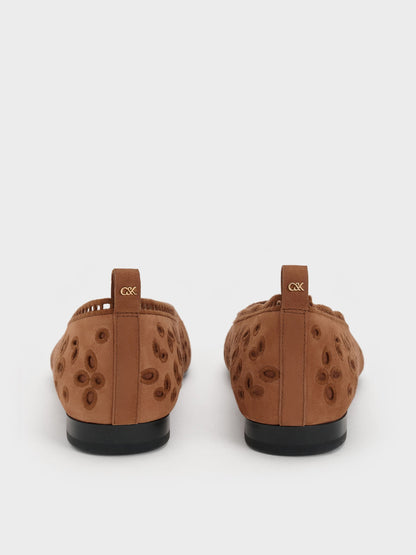 CHARLES & KEITH Premium / Leather Embroidered Ballet Flats - Cognac