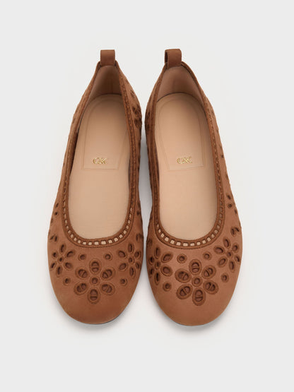 CHARLES & KEITH Premium / Leather Embroidered Ballet Flats - Cognac