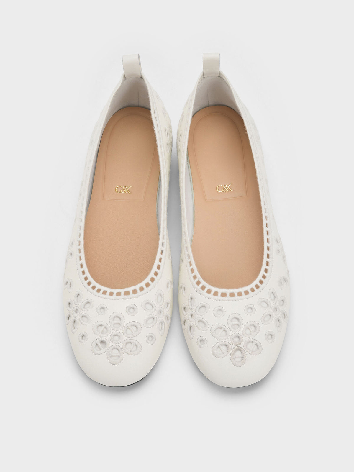 CHARLES & KEITH Featured / Leather Embroidered Ballet Flats - White