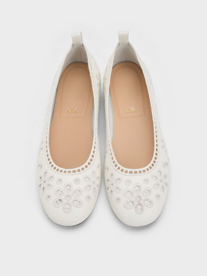 CHARLES & KEITH Featured / Leather Embroidered Ballet Flats - White
