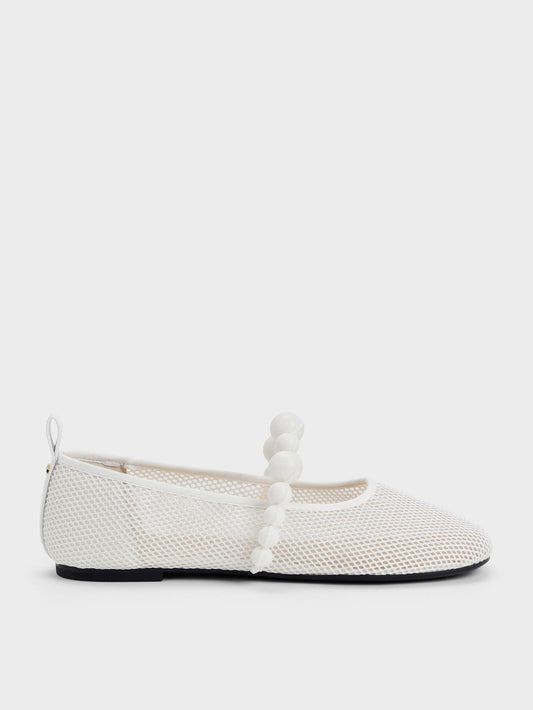CHARLES & KEITH Latest / Leather Mesh Beaded Mary Jane Flats - Chalk