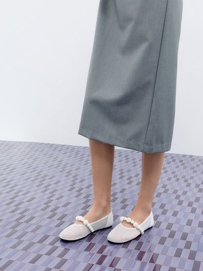 CHARLES & KEITH Latest / Leather Mesh Beaded Mary Jane Flats - Chalk
