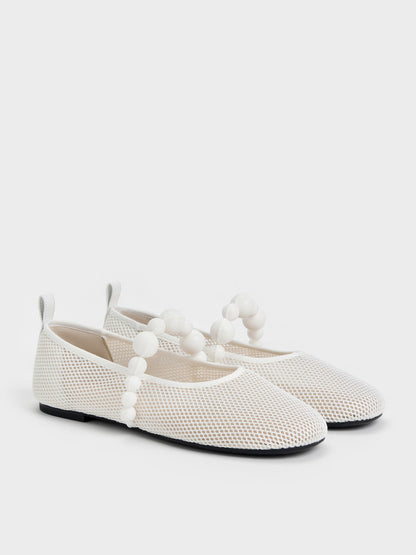 CHARLES & KEITH Latest / Leather Mesh Beaded Mary Jane Flats - Chalk