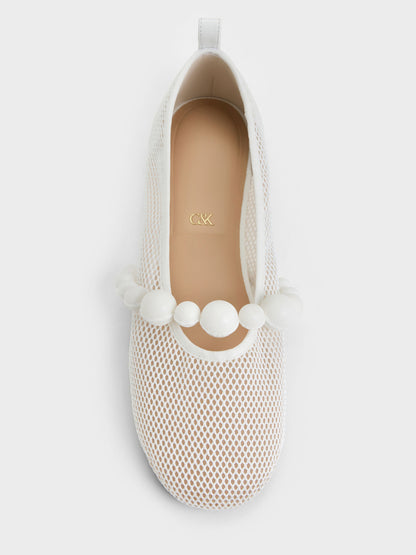 CHARLES & KEITH Latest / Leather Mesh Beaded Mary Jane Flats - Chalk