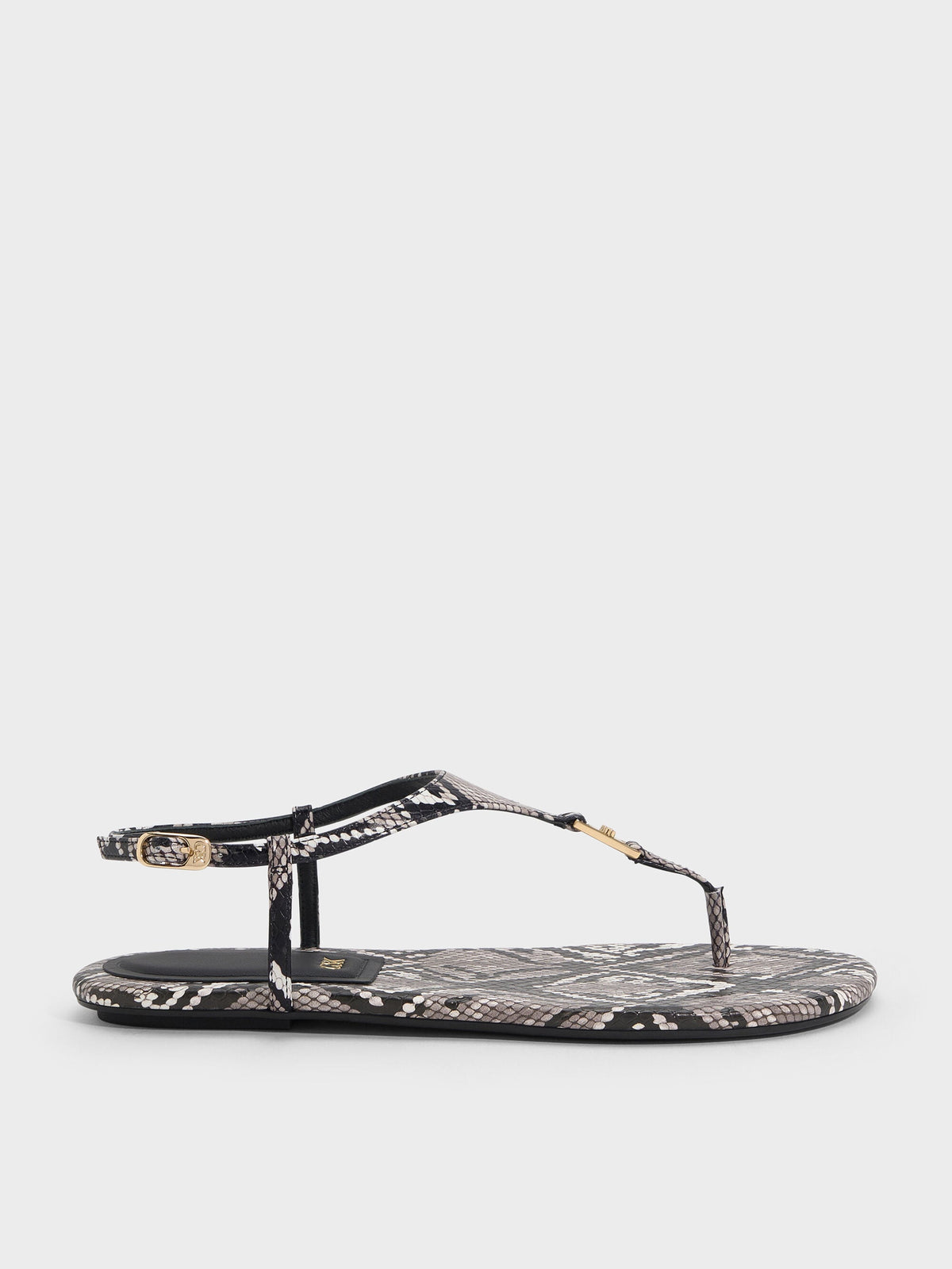 CHARLES & KEITH Best Seller / Leather Snake-Print T-Bar Thong Sandals - Animal Print Grey