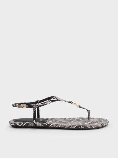 CHARLES & KEITH Best Seller / Leather Snake-Print T-Bar Thong Sandals - Animal Print Grey