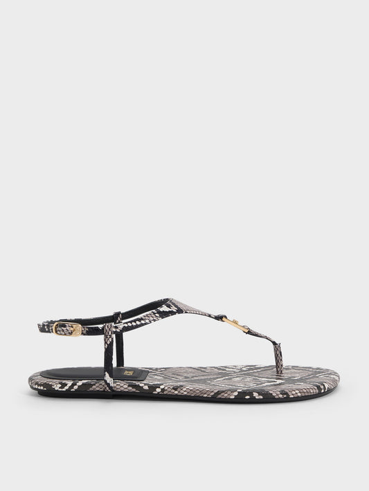 CHARLES & KEITH Best Seller / Leather Snake-Print T-Bar Thong Sandals - Animal Print Grey