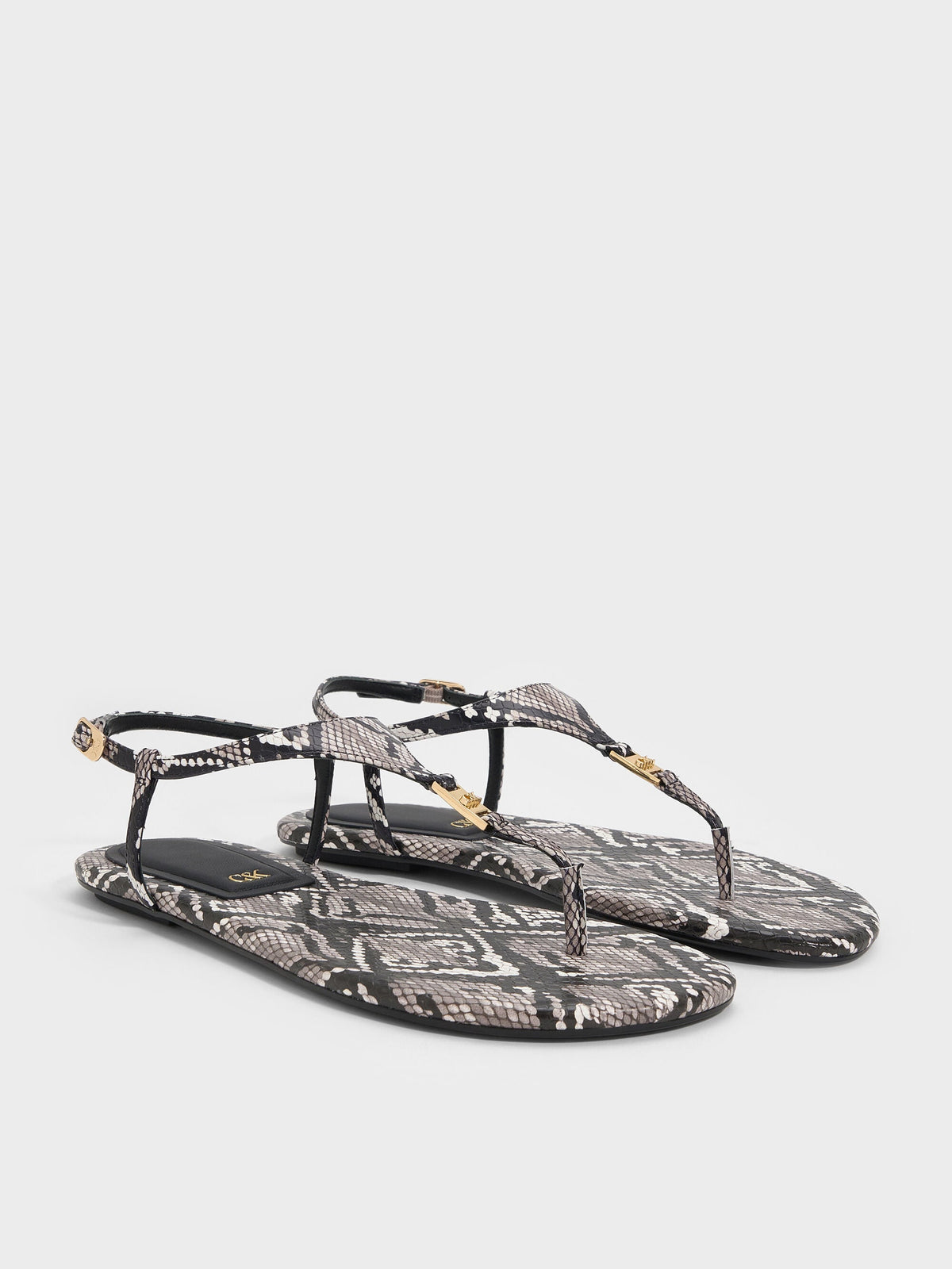 CHARLES & KEITH Best Seller / Leather Snake-Print T-Bar Thong Sandals - Animal Print Grey