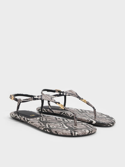 CHARLES & KEITH Best Seller / Leather Snake-Print T-Bar Thong Sandals - Animal Print Grey