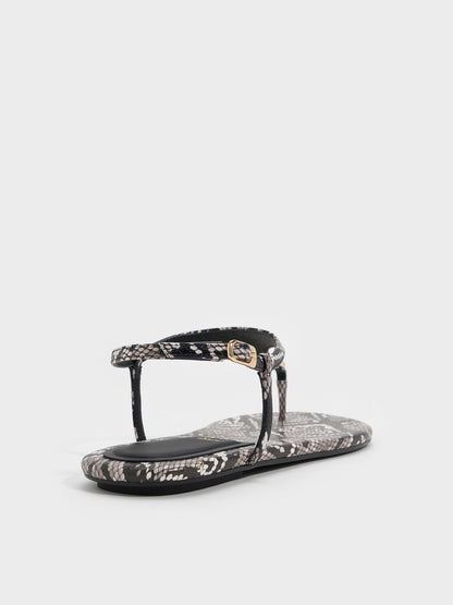 CHARLES & KEITH Best Seller / Leather Snake-Print T-Bar Thong Sandals - Animal Print Grey