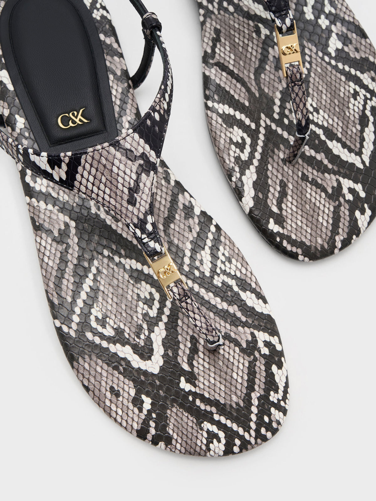 CHARLES & KEITH Best Seller / Leather Snake-Print T-Bar Thong Sandals - Animal Print Grey