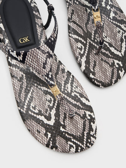 CHARLES & KEITH Best Seller / Leather Snake-Print T-Bar Thong Sandals - Animal Print Grey