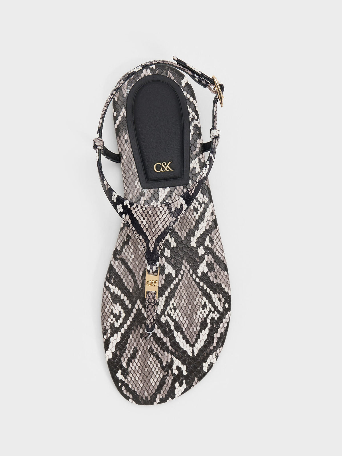 CHARLES & KEITH Best Seller / Leather Snake-Print T-Bar Thong Sandals - Animal Print Grey