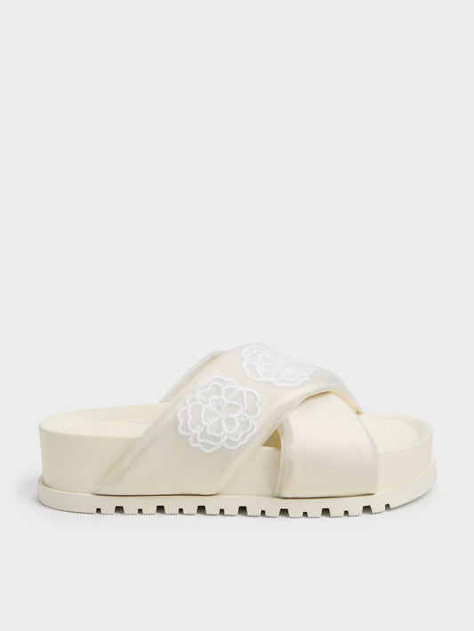 CHARLES & KEITH Best Price / Satin Embroidered-Flower Crossover Sandals - Chalk