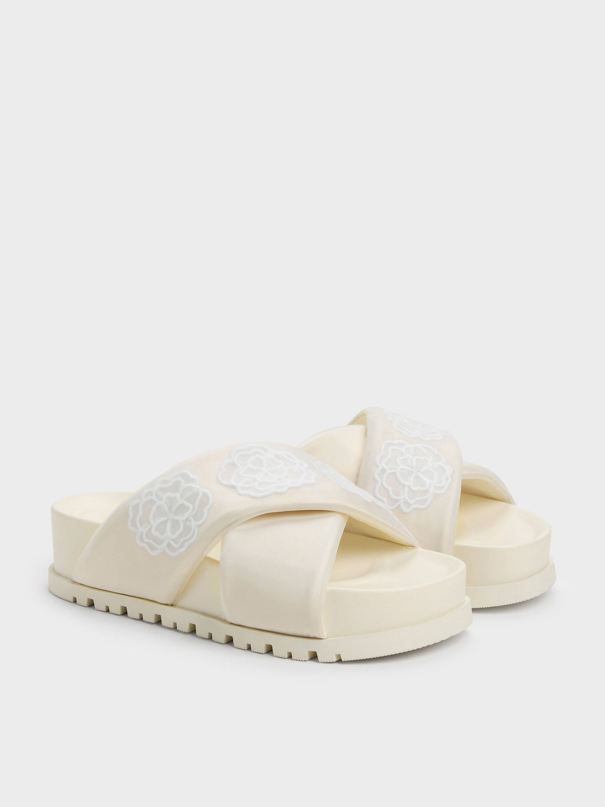 CHARLES & KEITH Best Price / Satin Embroidered-Flower Crossover Sandals - Chalk