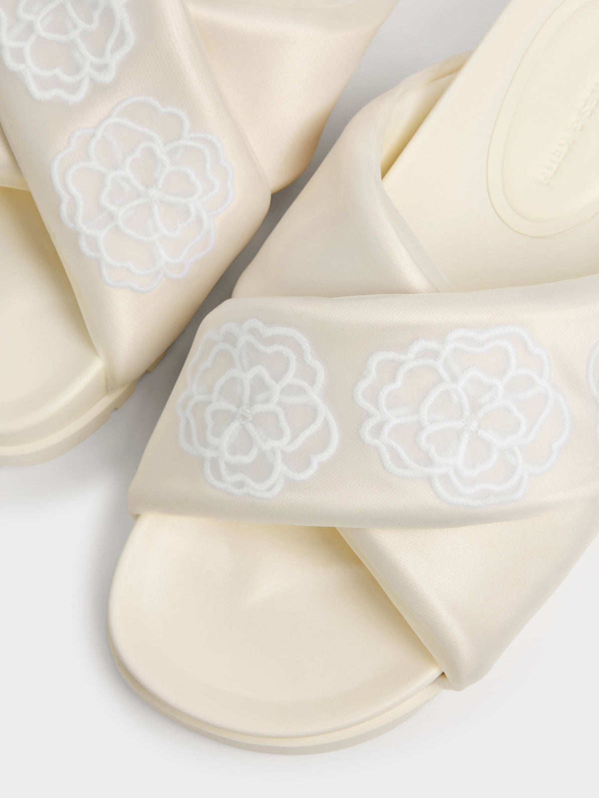 CHARLES & KEITH Best Price / Satin Embroidered-Flower Crossover Sandals - Chalk