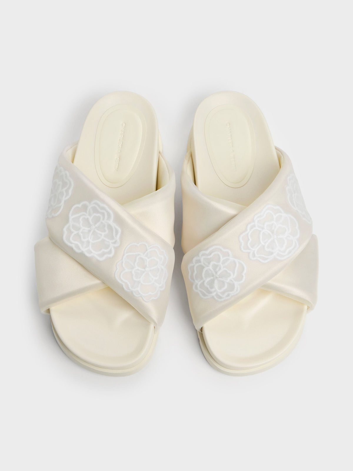 CHARLES & KEITH Best Price / Satin Embroidered-Flower Crossover Sandals - Chalk
