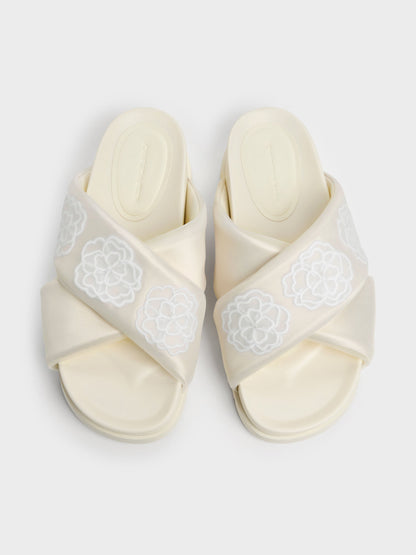 CHARLES & KEITH Best Price / Satin Embroidered-Flower Crossover Sandals - Chalk