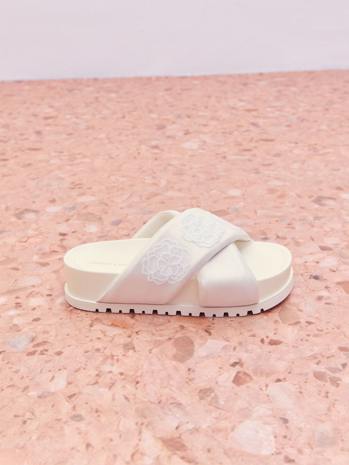 CHARLES & KEITH Best Price / Satin Embroidered-Flower Crossover Sandals - Chalk