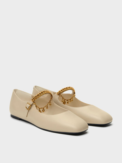 CHARLES & KEITH Special Offer / Double-Chain Charm Mary Jane Flats - Chalk