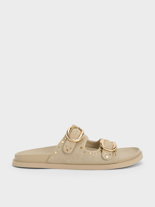 CHARLES & KEITH Latest / Studded Buckled Double-Strap Slides - Beige