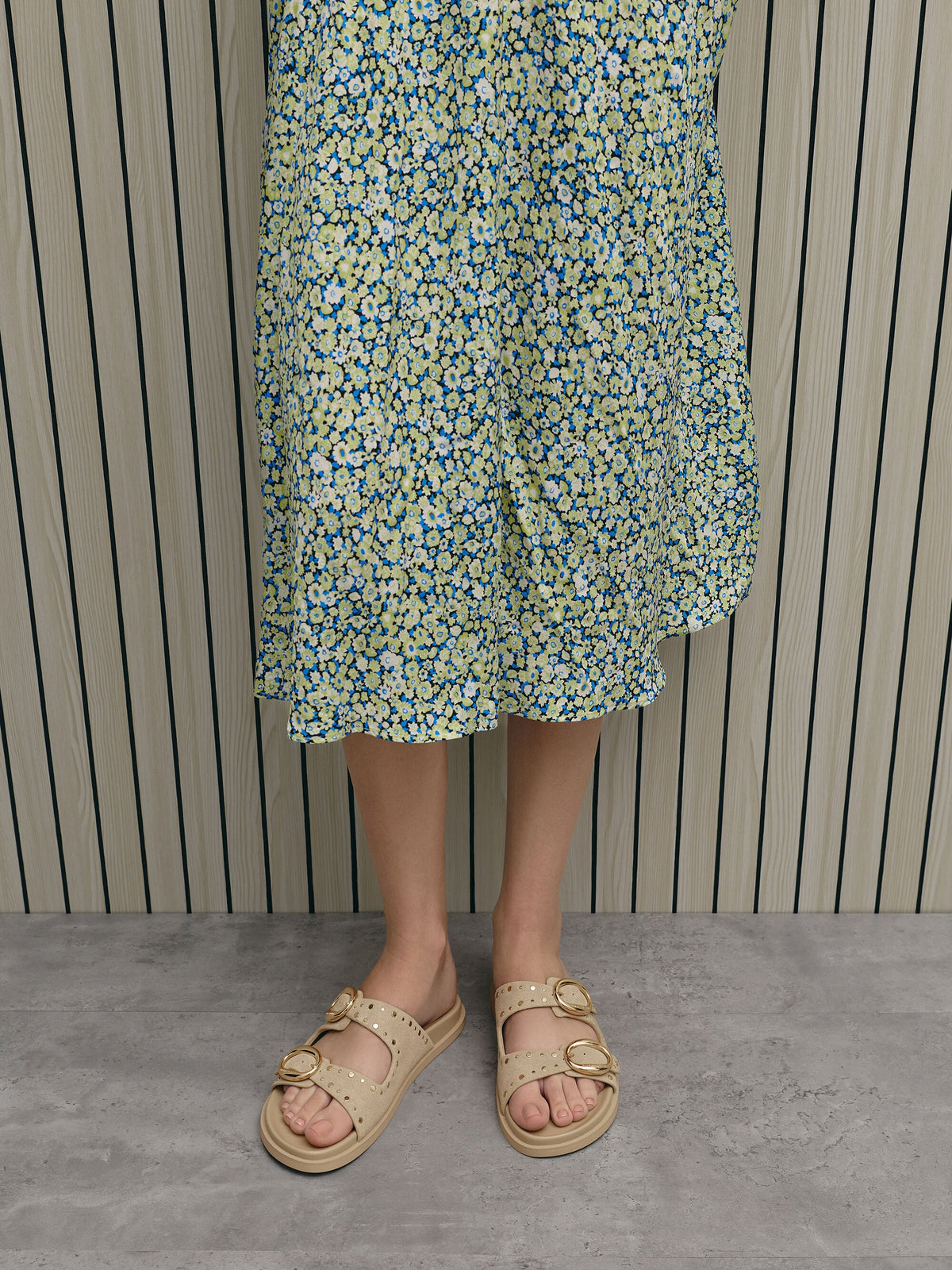 CHARLES & KEITH Latest / Studded Buckled Double-Strap Slides - Beige