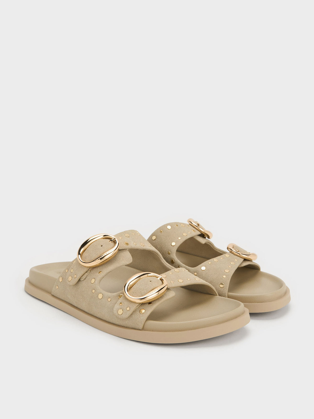 CHARLES & KEITH Latest / Studded Buckled Double-Strap Slides - Beige
