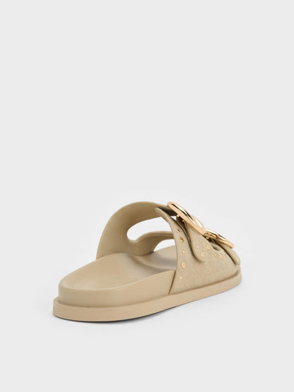 CHARLES & KEITH Latest / Studded Buckled Double-Strap Slides - Beige
