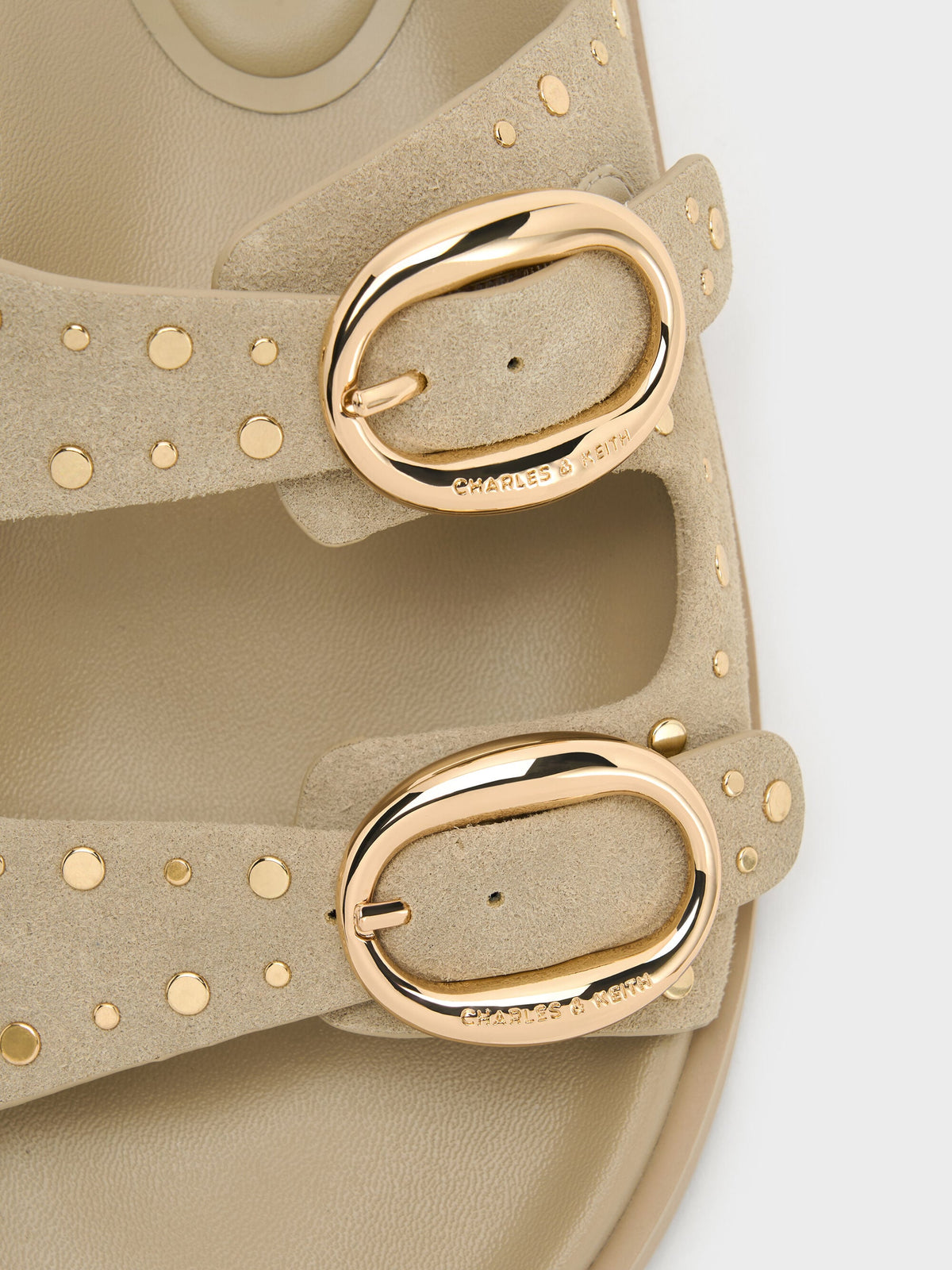CHARLES & KEITH Latest / Studded Buckled Double-Strap Slides - Beige