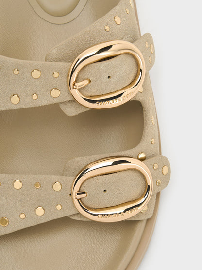 CHARLES & KEITH Latest / Studded Buckled Double-Strap Slides - Beige