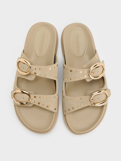 CHARLES & KEITH Latest / Studded Buckled Double-Strap Slides - Beige
