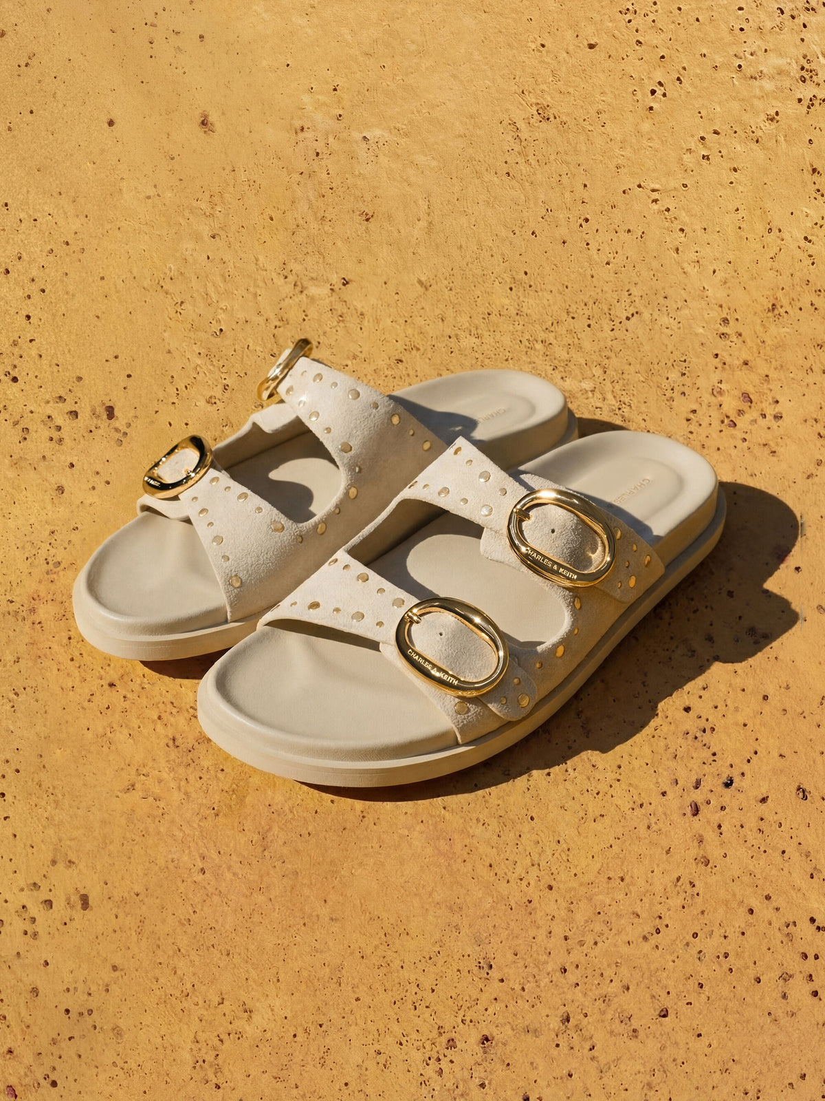 CHARLES & KEITH Latest / Studded Buckled Double-Strap Slides - Beige