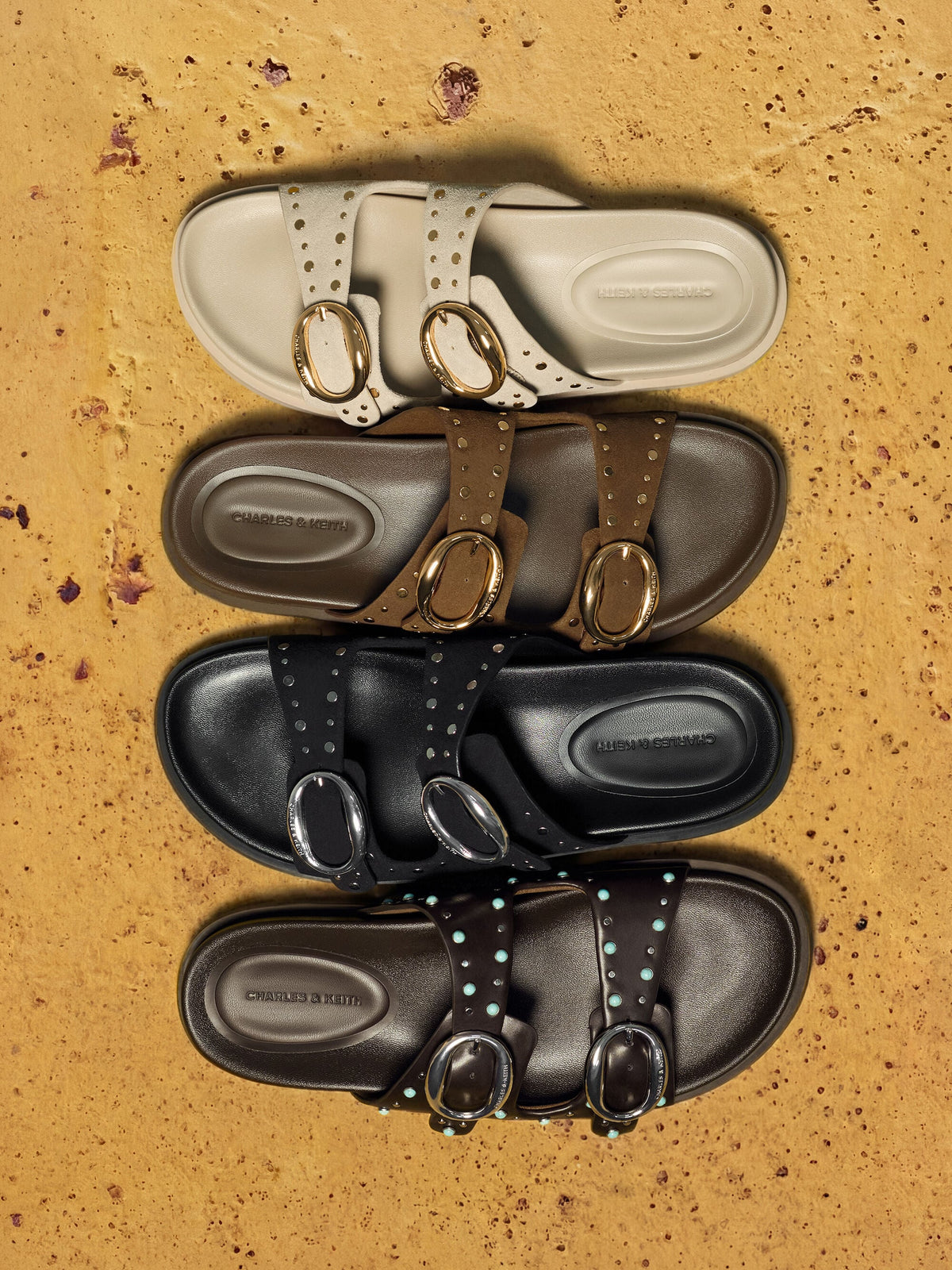 CHARLES & KEITH Latest / Studded Buckled Double-Strap Slides - Beige