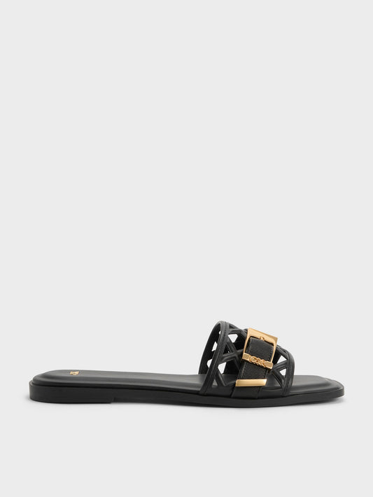 CHARLES & KEITH Latest / Whitney Leather Cut-Out Slide Sandals - Black