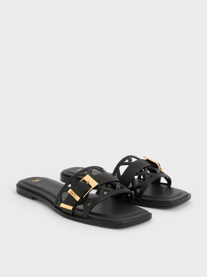 CHARLES & KEITH Latest / Whitney Leather Cut-Out Slide Sandals - Black