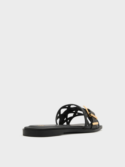 CHARLES & KEITH Latest / Whitney Leather Cut-Out Slide Sandals - Black