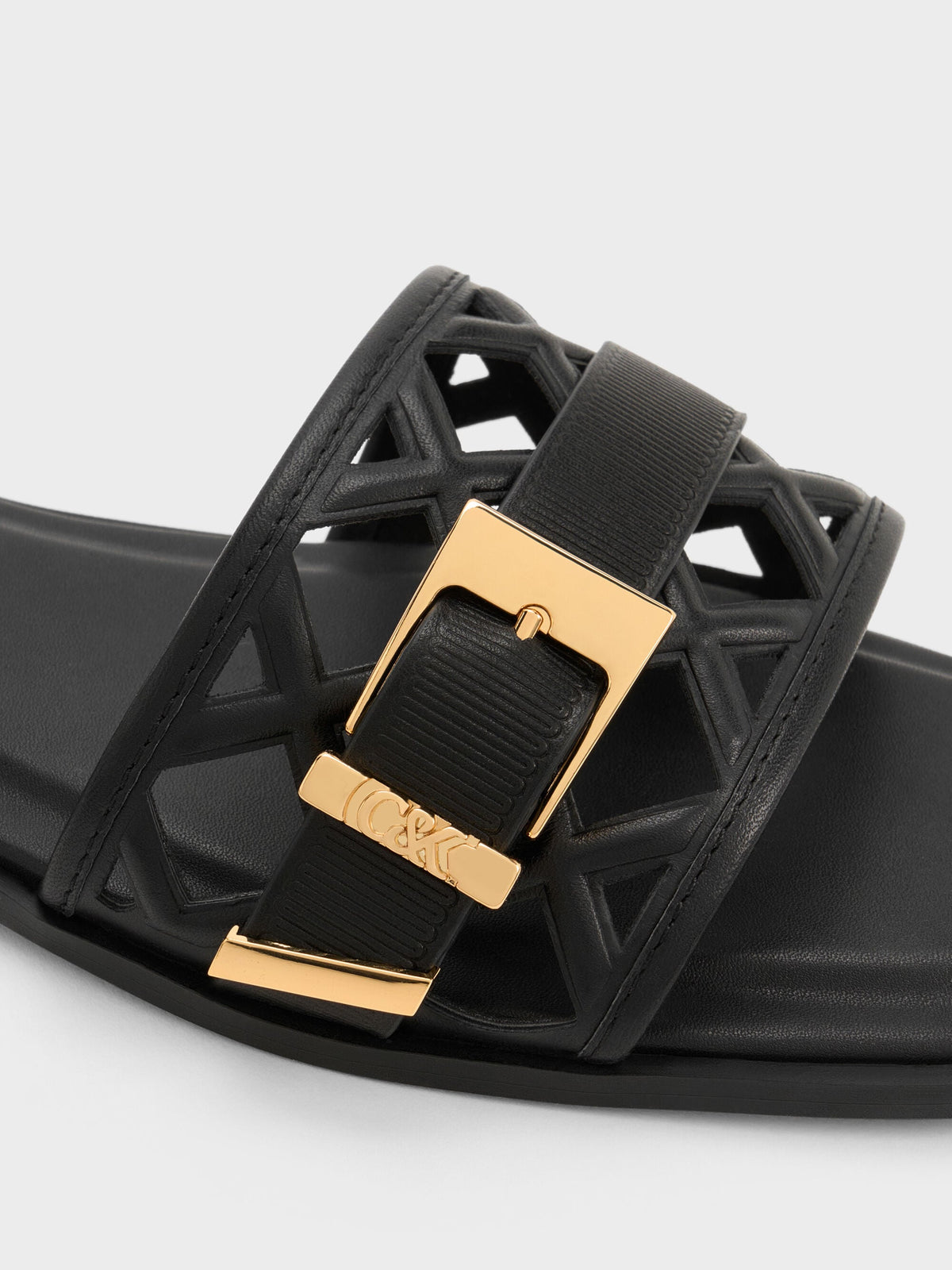 CHARLES & KEITH Latest / Whitney Leather Cut-Out Slide Sandals - Black