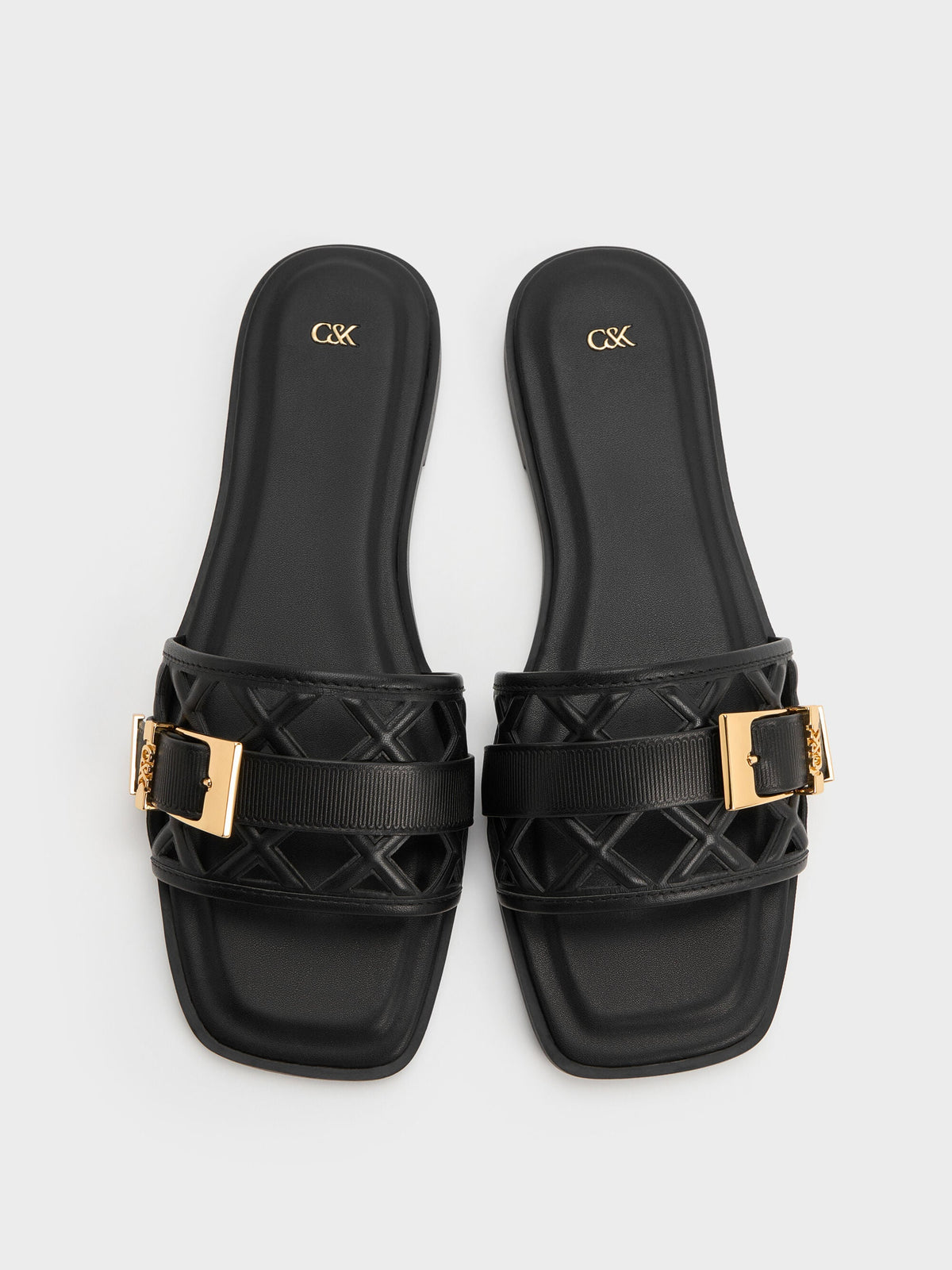 CHARLES & KEITH Latest / Whitney Leather Cut-Out Slide Sandals - Black