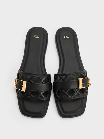 CHARLES & KEITH Latest / Whitney Leather Cut-Out Slide Sandals - Black