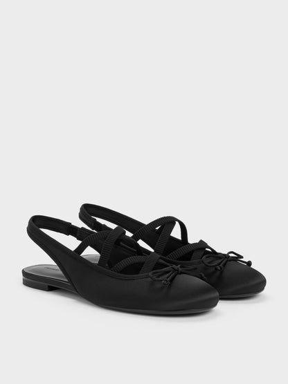 CHARLES & KEITH Smart Buy / Satin Crossover Slingback Ballet Flats - Black Textured