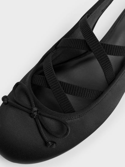 CHARLES & KEITH Smart Buy / Satin Crossover Slingback Ballet Flats - Black Textured