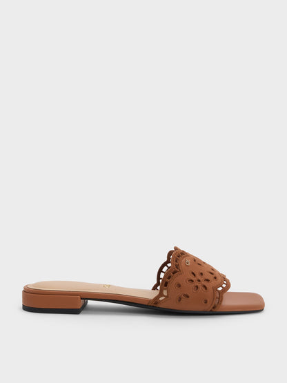 CHARLES & KEITH Deals / Leather Embroidered Slide Sandals - Cognac