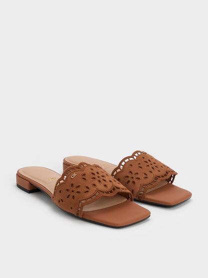 CHARLES & KEITH Deals / Leather Embroidered Slide Sandals - Cognac