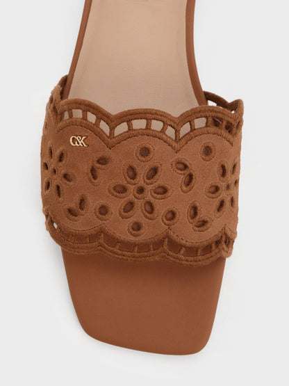 CHARLES & KEITH Deals / Leather Embroidered Slide Sandals - Cognac